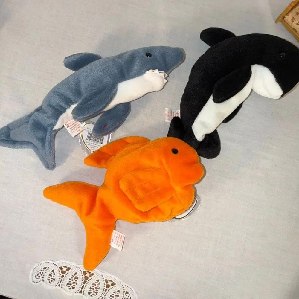 Vintage Ty Beanie Babies Aquatic Trio – Goldie 1993, Crunch 1996 &‎ Waves 1996 –